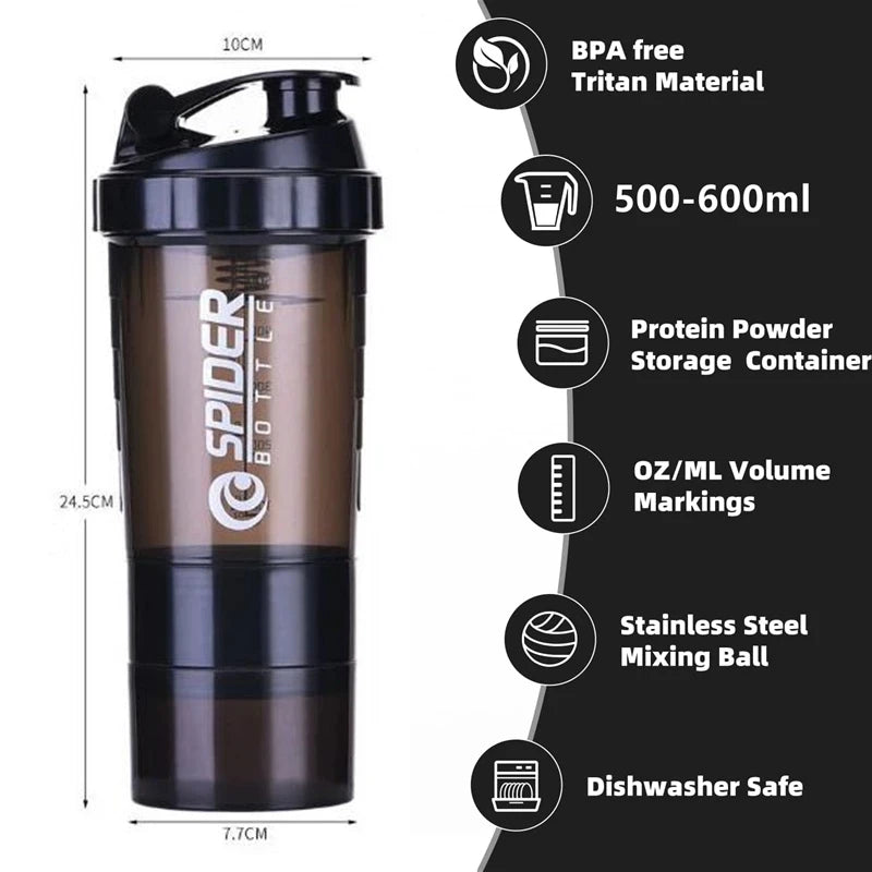 Portable Protein Shaker Cup with Powder Storage Container 500ml Mixer Cup Gym Sport Water Bottles with Wire Whisk Ball Drinkware